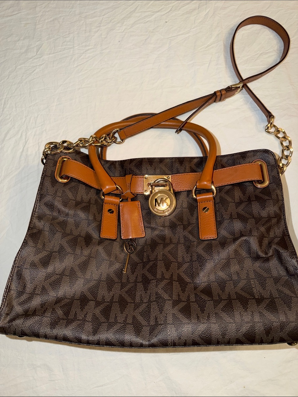 Michael Kors Brown Signature Shoulder Tote with Tan Trim and Gold Hardware